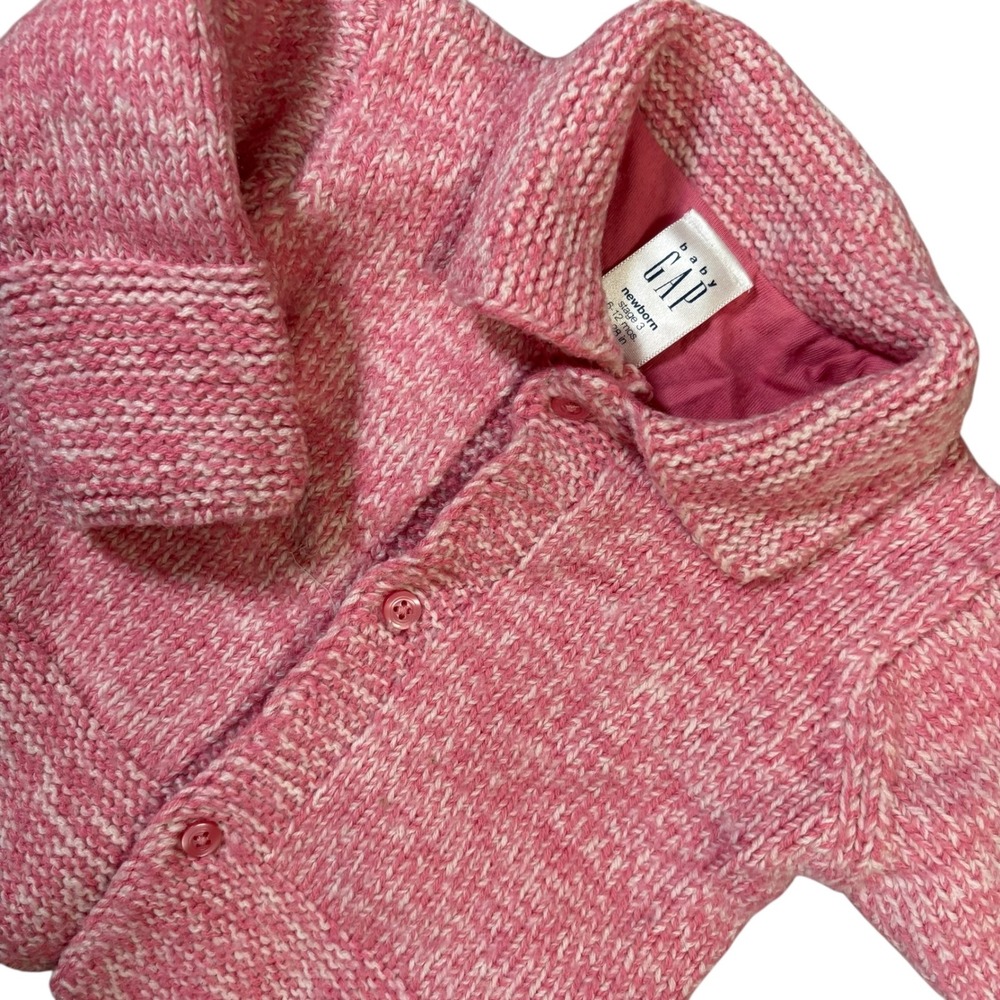 VTG‎ Baby Gap chunky Knit Cardigan Pink White Wool Blend Sweater Infant Girl